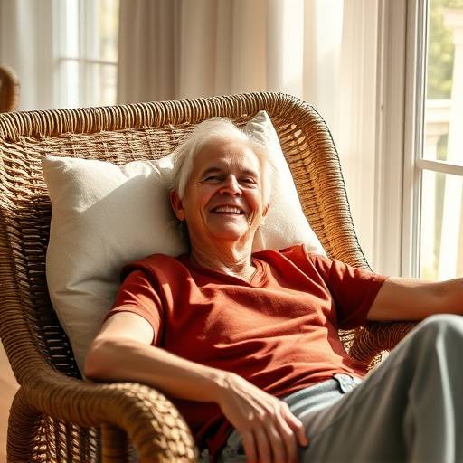 A person smiling and relaxing on a DreamWeave armchair in a sunlit living room
