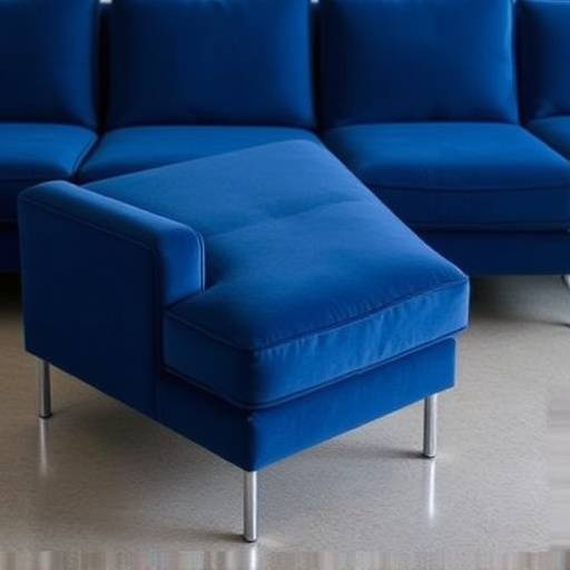 Deep blue sectional sofa with plush cushions and chrome legs