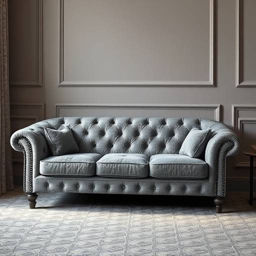 Elegant grey velvet sofa with tufted cushions