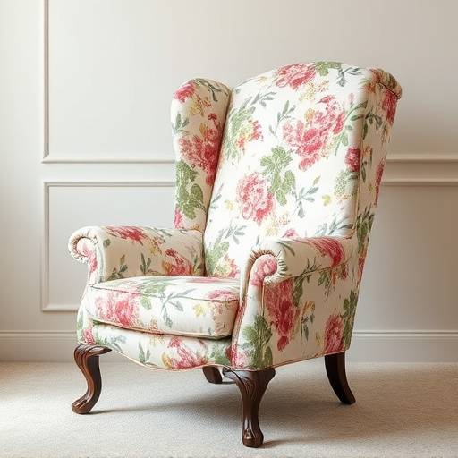 Elegant reading chair with high back and floral pattern