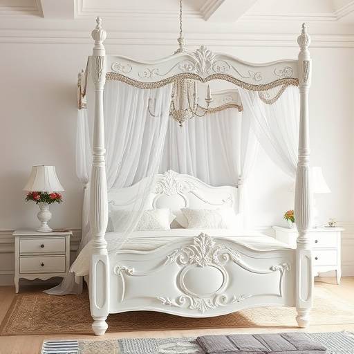 Four poster bed with a sheer white canopy and intricate carvings