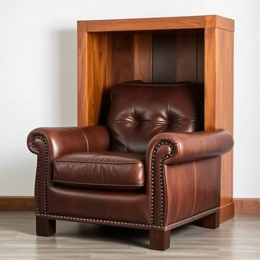 Handcrafted leather armchair with wooden frame in a reading nook