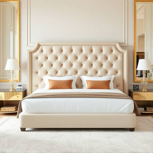 Luxurious king-size bed with an upholstered headboard in a light beige fabric